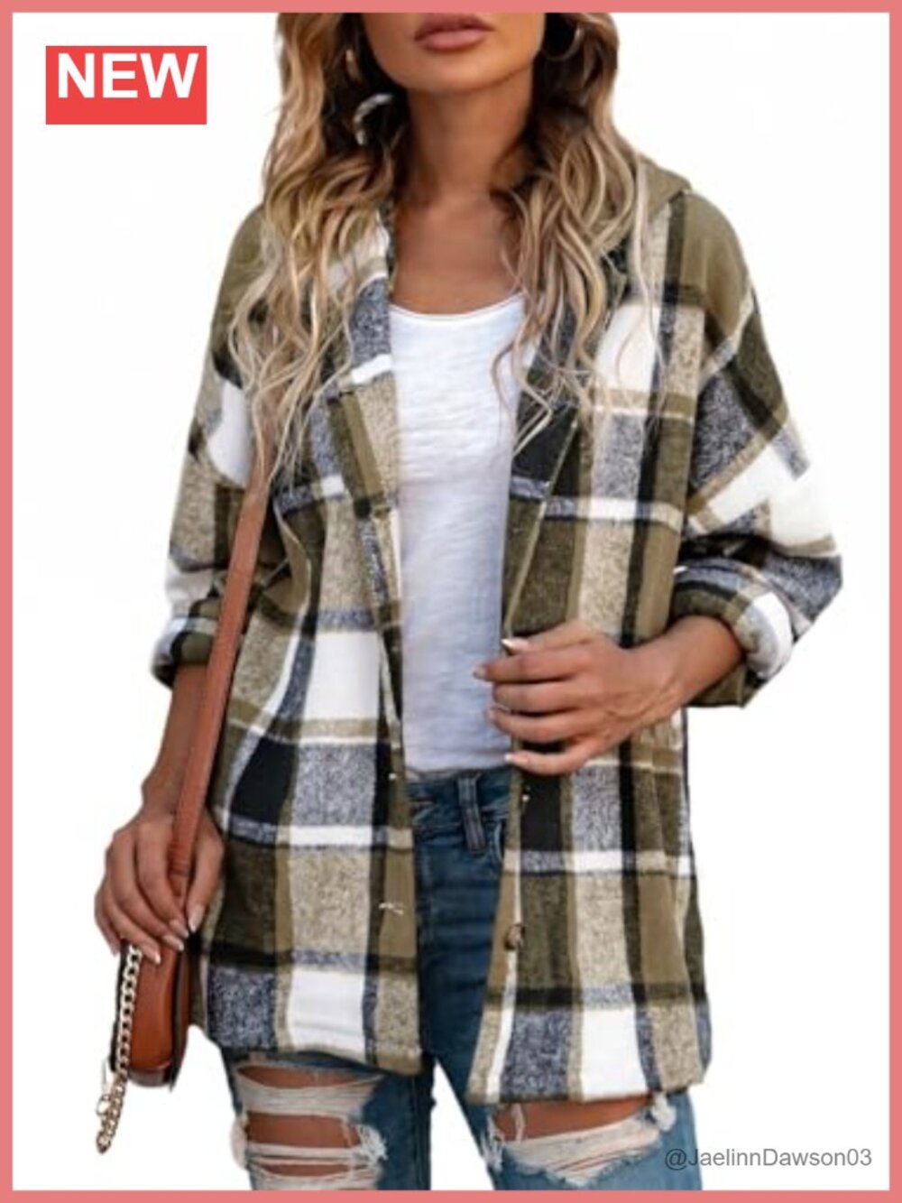 SHEWIN Women Hooded Plaid Flannel Shacket Button Down Shirt Jacket